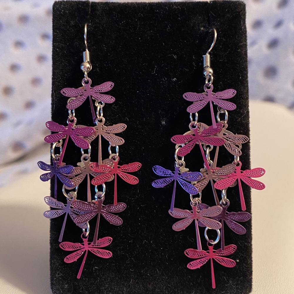 PURPLE DRAGONFLY DANGLING FISHHOOK EARRINGS